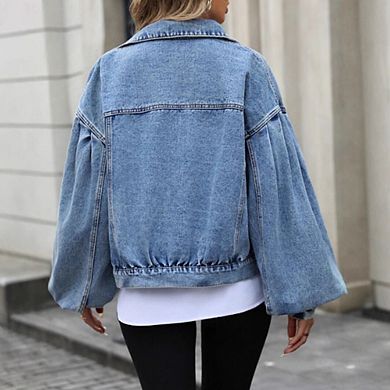 Women's Denim Jackets Long Sleeve Loose Fitted Jean Jacket Coats With Pocket