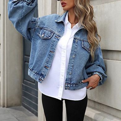 Women's Denim Jackets Long Sleeve Loose Fitted Jean Jacket Coats With Pocket