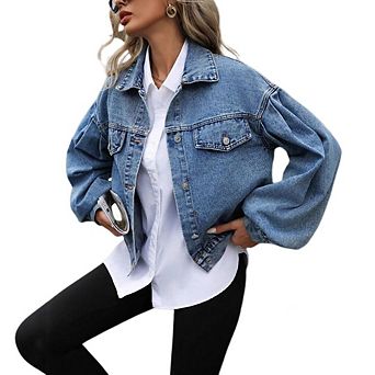 Women's Denim Jackets Long Sleeve Loose Fitted Jean Jacket Coats With Pocket