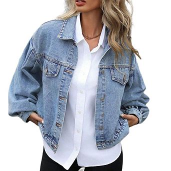 Women's Denim Jackets Long Sleeve Loose Fitted Jean Jacket Coats With Pocket