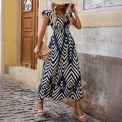 Women's Fly Sleeved Dress V Neck Elegant Printed Short With Lace-up Belt