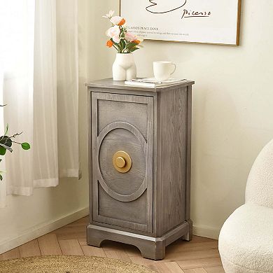 eHemco Art Deco End Table with Gold Accent Knob with Storage, Modern Retro Style, Light Gray
