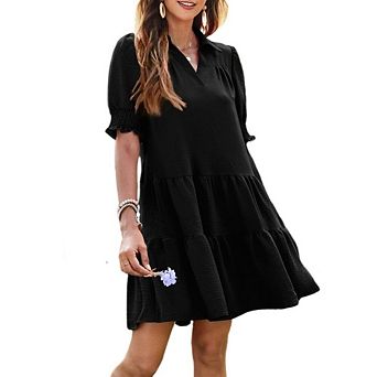 Casual Dresses for Women Lapel Collared V Neck Mid Sleeved Pleated Summer Dresses Midi Dresses