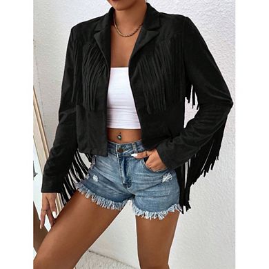 Women's Fringe Faux Suede Leather Jackets Fall Tassel Motorcycle Cropped Coats
