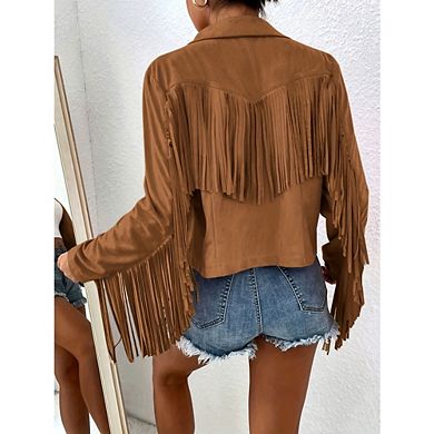 Women's Fringe Faux Suede Leather Jackets Fall Tassel Motorcycle Cropped Coats
