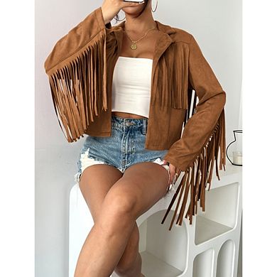 Women's Fringe Faux Suede Leather Jackets Fall Tassel Motorcycle Cropped Coats