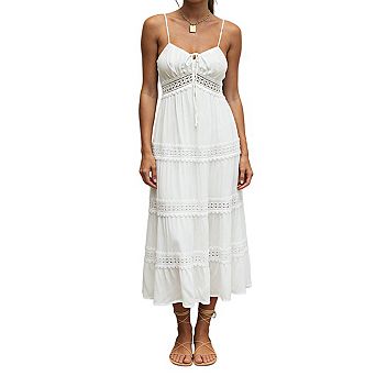Women's Sweetheart Neck Spaghetti Strap Tie Front Lace Trim Smocked Back Maxi Dress