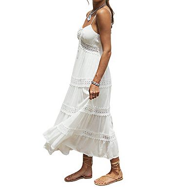 Women's Sweetheart Neck Spaghetti Strap Tie Front Lace Trim Smocked Back Maxi Dress