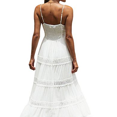 Women's Sweetheart Neck Spaghetti Strap Tie Front Lace Trim Smocked Back Maxi Dress