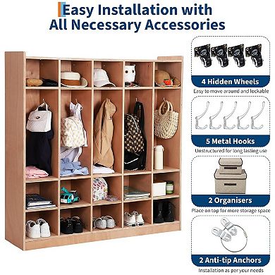 Wall Mounted Cubby Organizer with 15 Storage Compartments and Hooks