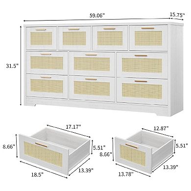 Wooden Dresser with Rattan Front and 10 Drawers for Bedroom