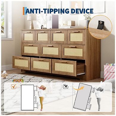 Wooden Dresser with Rattan Front and 10 Drawers for Bedroom