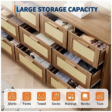 Wooden Dresser with Rattan Front and 10 Drawers for Bedroom