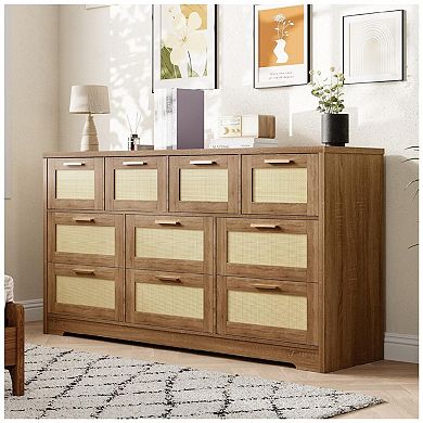 Wooden Dresser with Rattan Front and 10 Drawers for Bedroom
