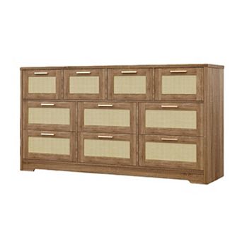 Wooden Dresser with Rattan Front and 10 Drawers for Bedroom