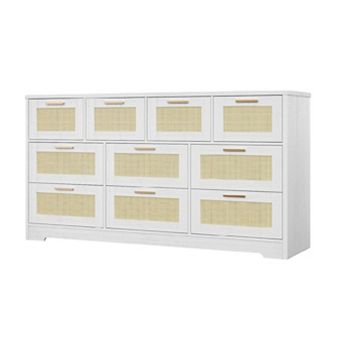 Wooden Dresser with Rattan Front and 10 Drawers for Bedroom