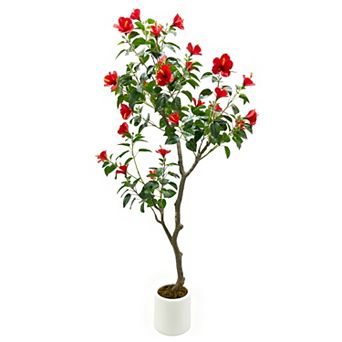Artificial Hibiscuses Tree with Realistic Leaves Red Flowers Large Trunk,Realistic Potted Faux Plant