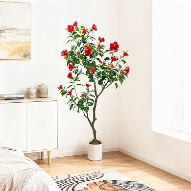 Artificial Hibiscuses Tree with Realistic Leaves Red Flowers Large Trunk,Realistic Potted Faux Plant