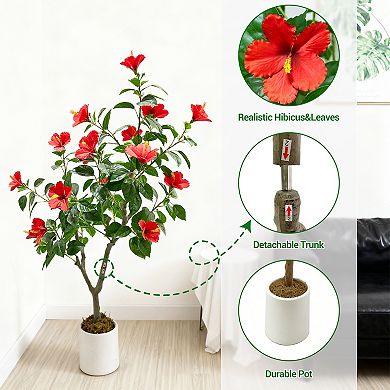 Artificial Hibiscuses Tree with Realistic Leaves Red Flowers Large Trunk,Realistic Potted Faux Plant