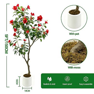 Artificial Hibiscuses Tree with Realistic Leaves Red Flowers Large Trunk,Realistic Potted Faux Plant