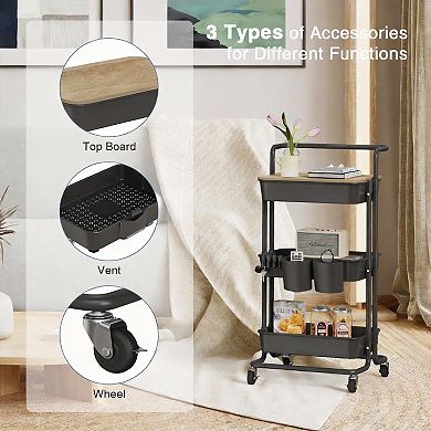 3 Tier Rolling Cart with Cover & Hooks for Office Kitchen Craft