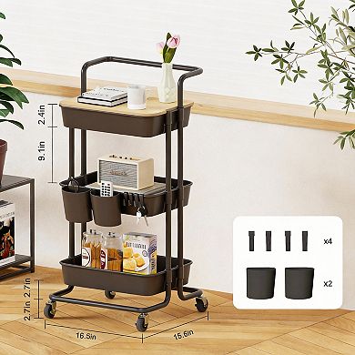 3 Tier Rolling Cart with Cover & Hooks for Office Kitchen Craft