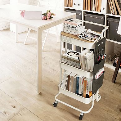 3 Tier Rolling Cart with Tabletop Side Bags Hooks Storage Organizer