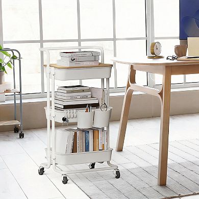 3 Tier Rolling Cart with Tabletop Side Bags Hooks Storage Organizer