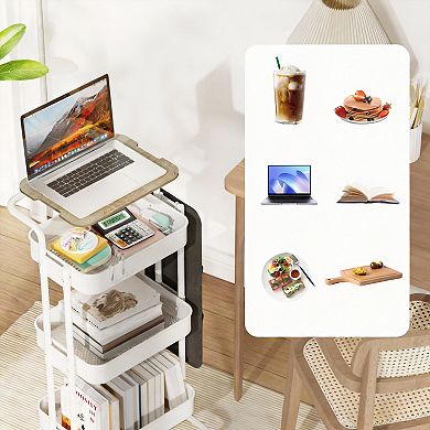 3 Tier Rolling Cart with Tabletop Side Bags Hooks Storage Organizer