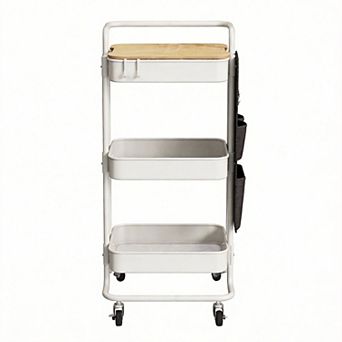 3 tier Rolling Cart with Tabletop Side Bags Hooks Storage Organizer