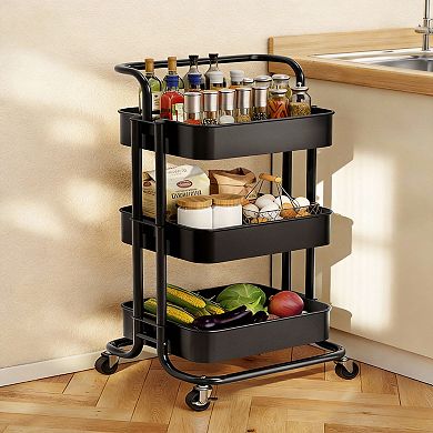 3 Tier Rolling Mesh Cart with Handle Lockable Wheels Storage Shelves