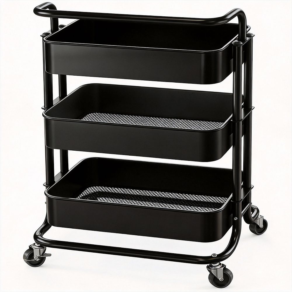 3 Tier Rolling Mesh Cart with Handle Lockable Wheels Storage Shelves