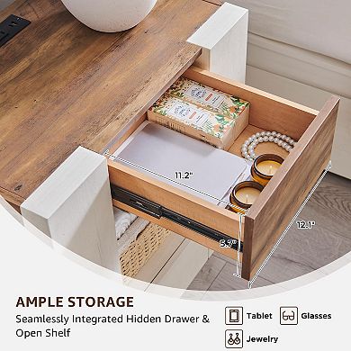 24", Charging Nightstand Rustic Wood Drawer Shelf Bedroom Side Table