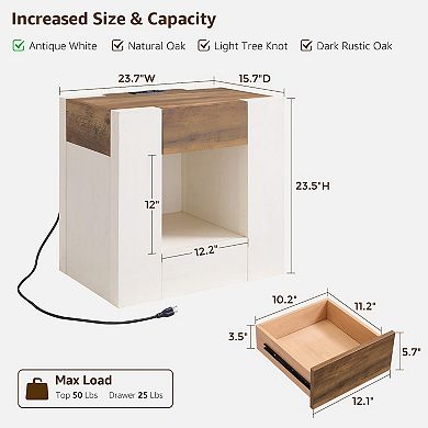 24", Charging Nightstand Rustic Wood Drawer Shelf Bedroom Side Table
