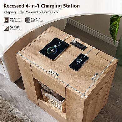 24"W Modern Nightstand with Charging Station Hidden Drawer Storage 15lb