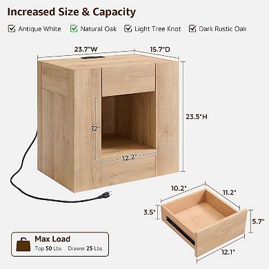 24"W Modern Nightstand with Charging Station Hidden Drawer Storage 15lb