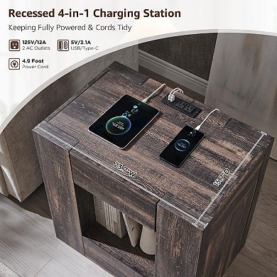 24'' Rustic Nightstand with Charging Station Drawer Storage