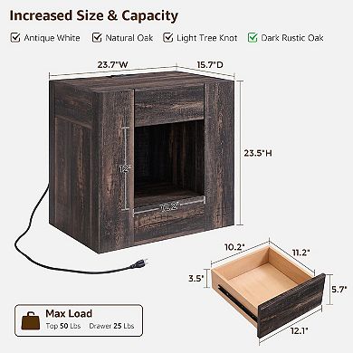 24'' Rustic Nightstand with Charging Station Drawer Storage