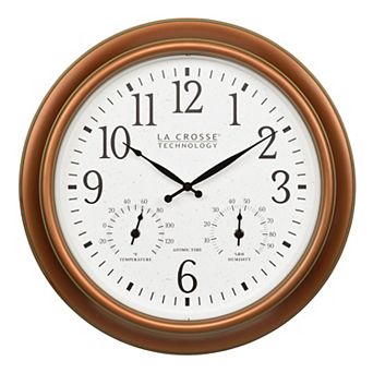 La Crosse Technology 18-Inch Indoor/Outdoor Antique Copper Analog Atomic Wall Clock with Temperature and Humidity, 404-59907-INT
