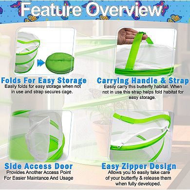 Pop-Up Butterfly Habitat Kit 13in Tall Mesh Growing Enclosure, Zipper Door & Carry Strap