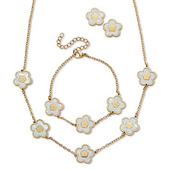 PalmBeach Jewelry Genuine Mother of Pearl Gold Ion-Plated Stainless Steel Flower Jewelry Set