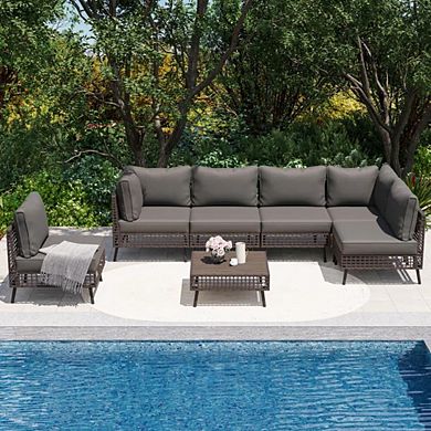 7 Pieces Outdoor Sectional Sofa Set PE Wicker Rattan Patio Conversation Set with Cushions