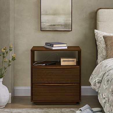 Nightstand with Charging Station & Outlet Hole & 2 Solid Wood Drawers