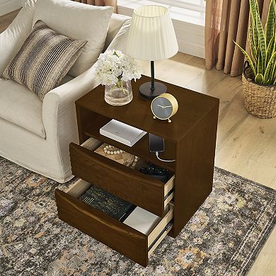 Nightstand with Charging Station & Outlet Hole & 2 Solid Wood Drawers