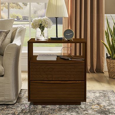 Nightstand with Charging Station & Outlet Hole & 2 Solid Wood Drawers