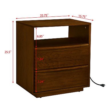 Nightstand with Charging Station & Outlet Hole & 2 Solid Wood Drawers