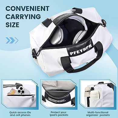 White Lightweight Gym Duffle Bag Water Resistant Wet Pocket Weekender Tote