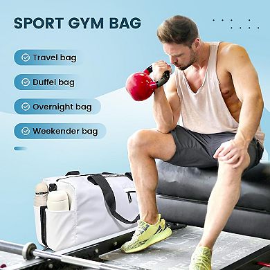 White Lightweight Gym Duffle Bag Water Resistant Wet Pocket Weekender Tote