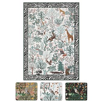 Living Room Washable Area Rugs, Vibrant Jungle Rug Stain-Resistant Animal Plant Print Carpet