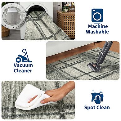Washable Rug with Non Slip Backing, Plaid Printed Foldable Low Pile Rugs, Throw Floor Cover Carpet